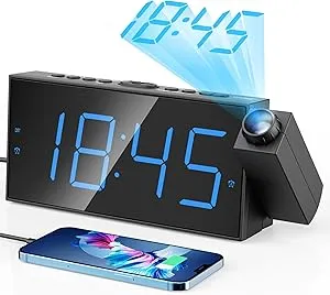 Digital Projection Alarm Clocks for Bedrooms - Large LED Display, 180° Rotatable Projector, 5-Level Dimmer